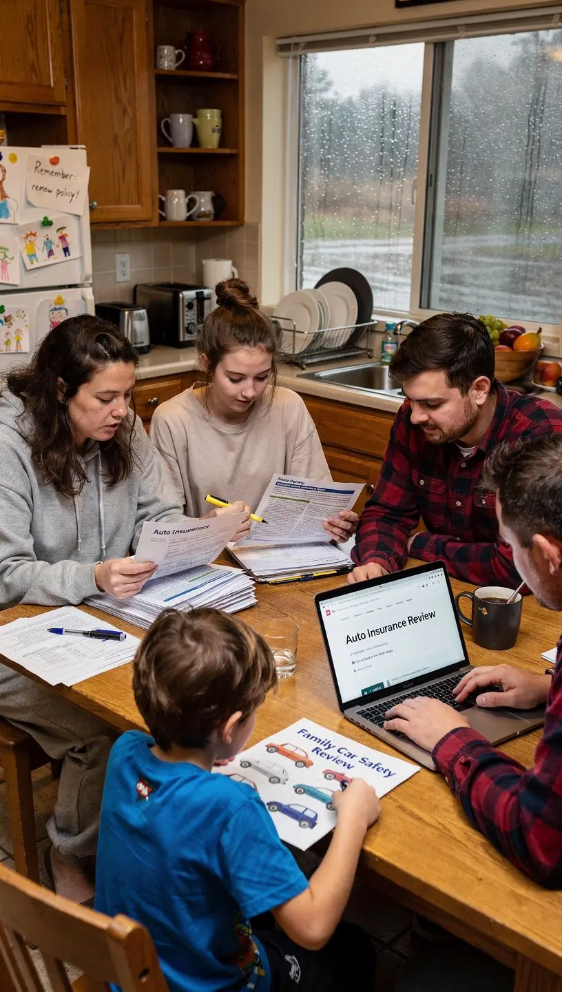 Rodzinne spotkanie przy stole, omawiające korzyści z ubezpieczenia samochodowego.