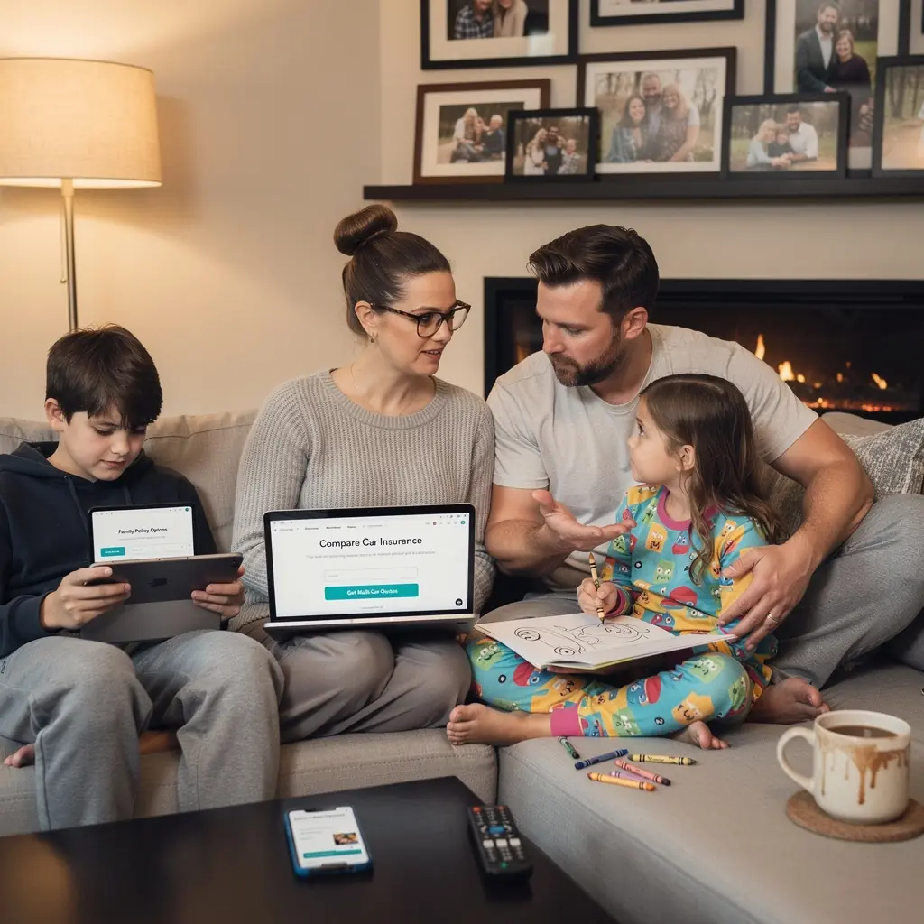 Rodzina przeglądająca broszury ubezpieczeniowe w lokalnym biurze.