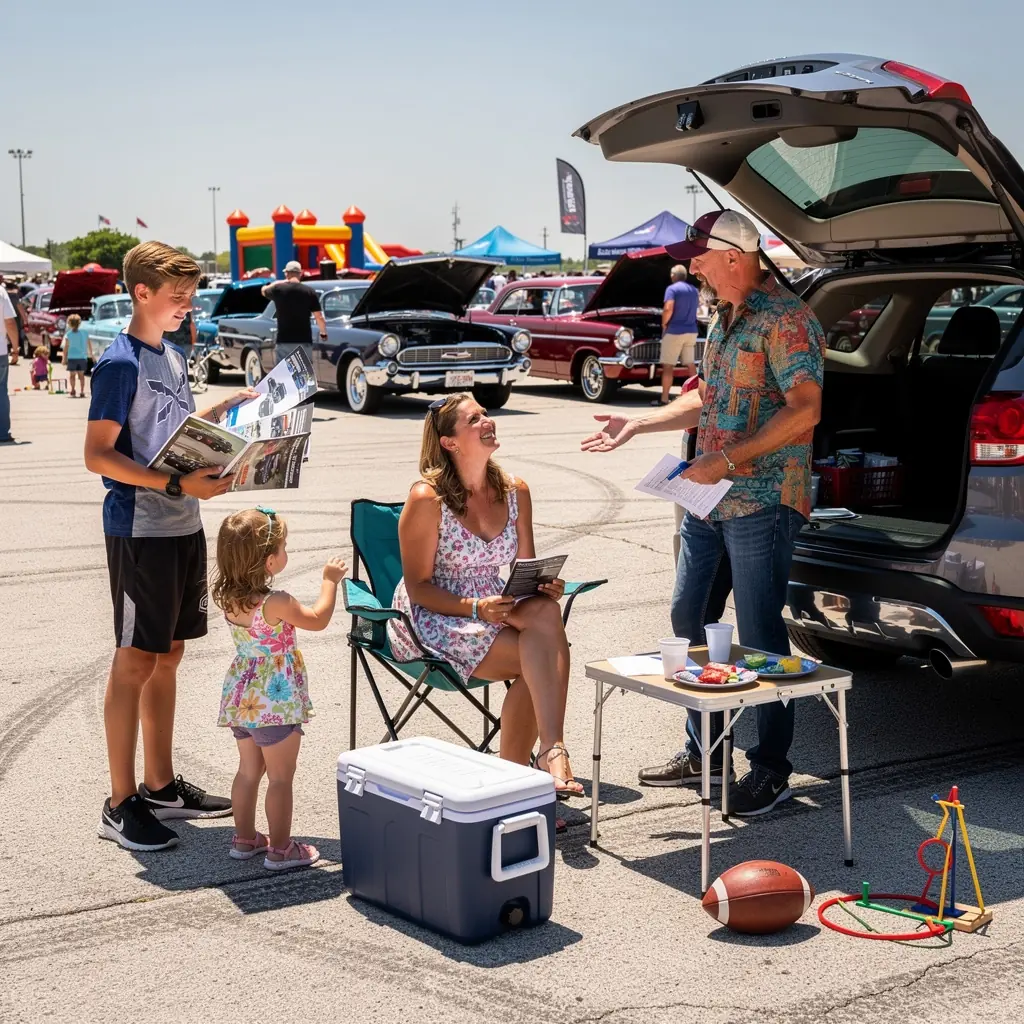 Rodzina rozmawiająca o ubezpieczeniu samochodowym w przytulnym salonie.